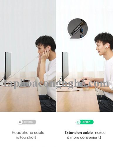 Ugreen 60845 0.5M màu đen 3.5mm 3 ngấn nối dài Cáp âm thanh dây bện nylon 50cm hỗ trợ micro AV118 30060845